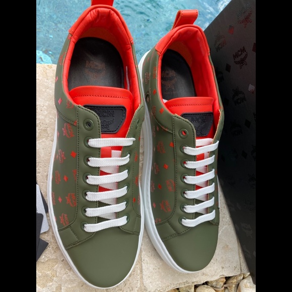 MCM Moss Green Visetos Leather Men's Sneakers - Picture 3 of 9